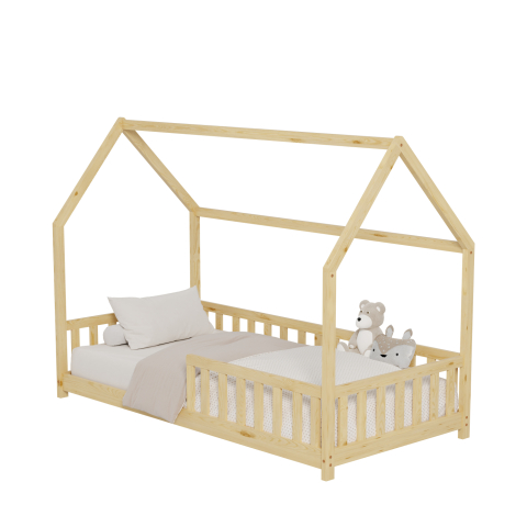 Paturi - BED FOR KIDS WITH FENCE PHYLLIS HM679.01 t.MONTESSORI SOLID PINE WOOD IN NATURAL- 190x90cm.