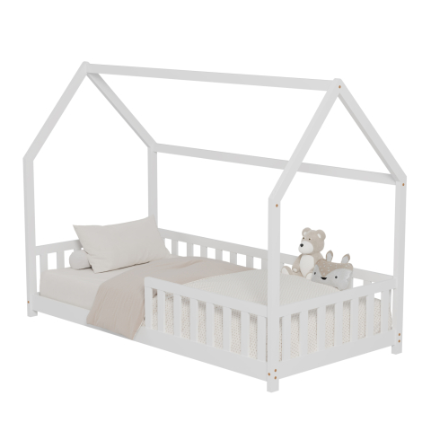 Paturi - BED FOR KIDS WITH FENCE PHYLLIS HM679.03 t.MONTESSORI SOLID PINE WOOD IN WHITE- 190x90cm.