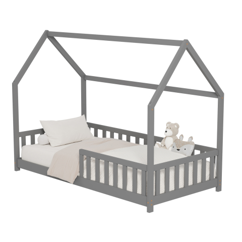 Paturi - BED FOR KIDS WITH FENCE PHYLLIS HM679.05 t.MONTESSORI SOLID PINE WOOD IN GREY- 190x90cm.