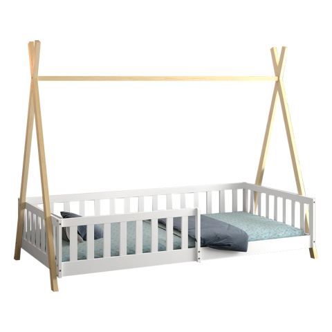 Interior - BED FOR KIDS WITH RAILING MUNK HM739.03 t.MONTESSORI-PINE WOOD IN NATURAL-WHITE FOR MATTRESS 190x90cm.