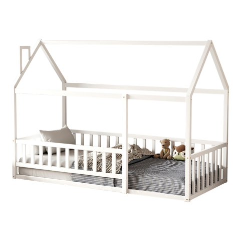 Camera copiilor - BED FOR KIDS WITH RAILINGS HOUSER HM706.03 t.MONTESSORI SOLID PINE WOOD IN WHITE- 190x90cm.