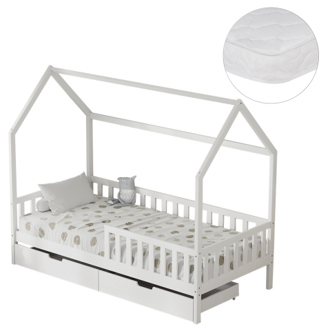 Seturi paturi cu saltele - BED WITH DRAWERS PHYLLIS HM21324.01 PINE WOOD IN WHITE--WITH MATTRESS 90x190cm