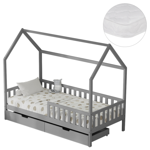 Seturi paturi cu saltele - BED WITH DRAWERS PHYLLIS HM21324.02 PINE WOOD IN GREY--WITH MATTRESS 90x190cm