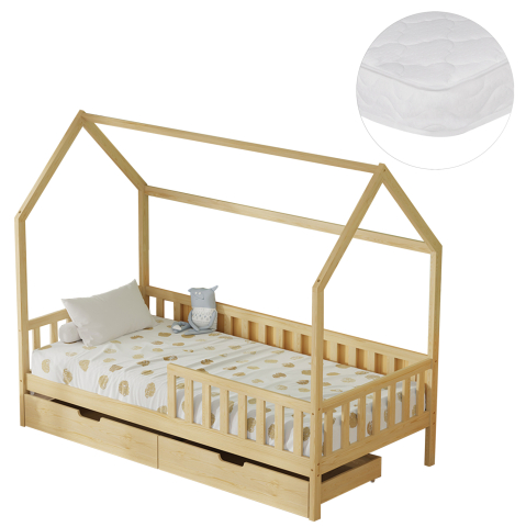 Seturi paturi cu saltele - BED WITH DRAWERS PHYLLIS HM21324 PINE WOOD IN NATURAL WOOD COLOR--WITH MATTRESS 90x190cm