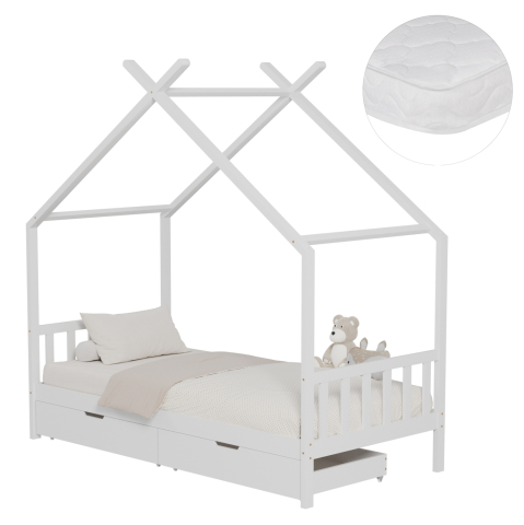 Interior - BED WITH MATTRESS KLARICE HM21305.01 PINE WOOD IN WHITE COLOR--MATTRESS 90x190cm