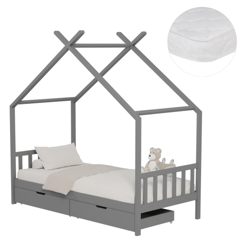 Interior - BED WITH MATTRESS KLARICE HM21305.02 PINE WOOD IN GREY COLOR--MATTRESS 90x190cm