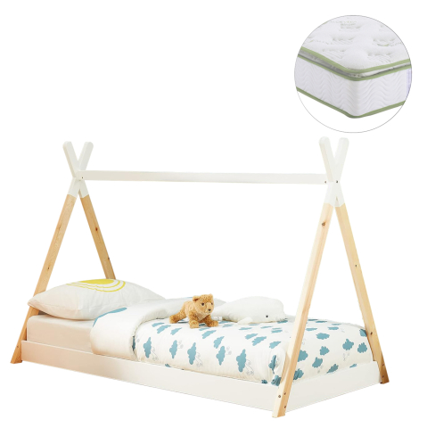 Interior - BED WITH MATTRESS MUNK HM21308 PINE WOOD IN NATURAL and WHITE--MATTRESS 90x190cm