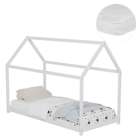Interior - BED WITH MATTRESS PEPE HM21302.01 PINE WOOD IN WHITE COLOR--MATTRESS 90x190cm
