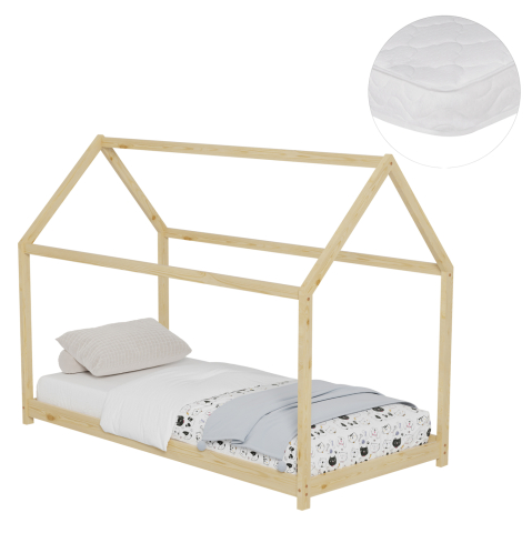 Interior - BED WITH MATTRESS PEPE HM21302 PINE WOOD IN NATURAL WOOD COLOR--MATTRESS 90x190cm