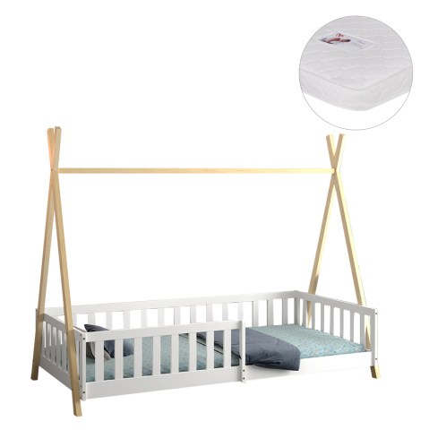 Interior - BED WITH RAILINGS MUNK HM21325 PINE WOOD IN NATURAL WOOD/WHITE COLOR--WITH MATTRESS 90x190cm