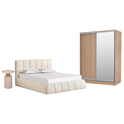 Seturi pentru dormitor - BEDROOM SET 3PCS EDDY HM10883.03 BOUCLE FABRIC IN BEIGE--MELAMINE IN SONAMA