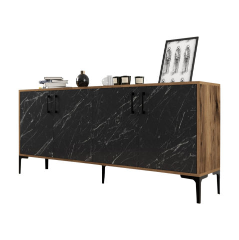 Bufete - BUFFET HM9428.03 MELAMINE WALNUT WITH BLACK MARBLE-LOOK DOORS 180x35x78Hcm.