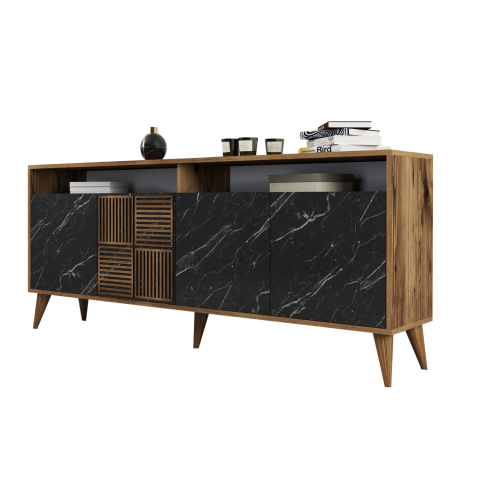 Bufete - BUFFET MELAMINE HM9431.05 IN WALNUT WITH BLACK MARBLE-LOOK DOORS 180x35x78.6Hcm.