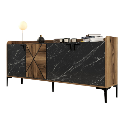 Bufete - BUFFET MELAMINE HM9433.03 WALNUT WITH BLACK MARBLE-LOOK DOORS 180x35x78Hcm.
