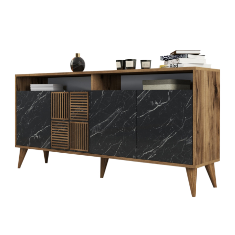 Bufete - BUFFET MELAMINE HM9506.02 WALNUT WITH BLACK MARBLE-LOOK DOORS 160x35x78Hcm.