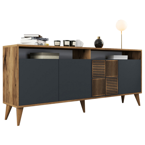 Bufete - BUFFET MELAMINE IN WALNUT AND CHARCOAL GREY DOORS 180x35x78.6Hcm.HM9431.01