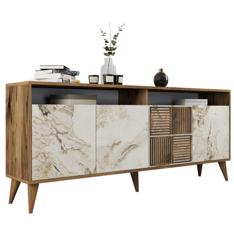 Bufete - BUFFET MELAMINE IN WALNUT COLOR AND WHITE MARBLE-LOOK DOORS 180x35x78,6Hcm.HM9431.03