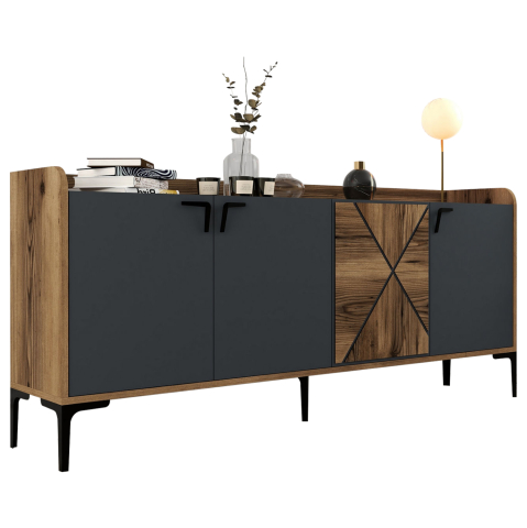 Bufete - BUFFET MELAMINE WALNUT AND CHARCOAL GREY 180x35x78Hcm.HM9433.01