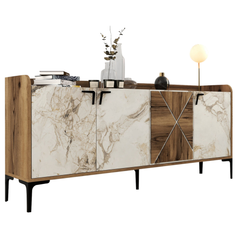 Bufete - BUFFET MELAMINE WALNUT AND WHITE MARBLE LOOK 180x35x78Ηcm.ΗΜ9433.02