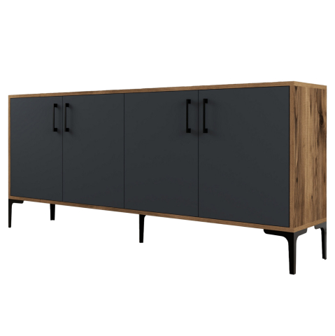 Bufete - BUFFET MELAMINE WALNUT COLOR WITH CHARCOAL GREY DOORS 180x35x78Hcm.HM9428.01