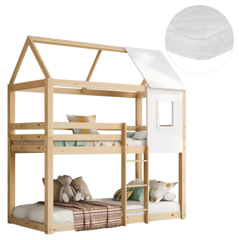 Seturi paturi cu saltele - BUNK BED WITH 2 MATTRESSES HOOD HM21314 PINE WOOD IN NATURAL COLOR--FOR MATTRESSES 90x190cm