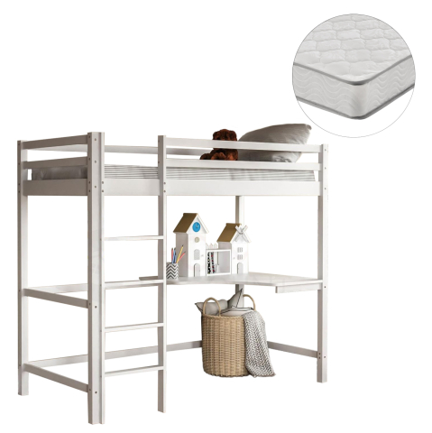 Interior - BUNK BED WITH DESK AKRON HM21311.01 PINE WOOD IN WHITE--WITH MATTRESS 90x190cm