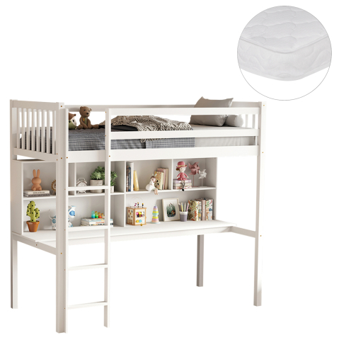 Seturi paturi cu saltele - BUNK BED WITH DESK LIBRO HM21317 PINE WOOD IN WHITE--WITH MATTRESS 90x190cm
