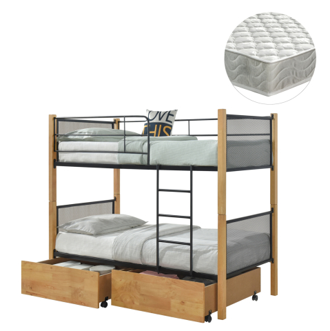 Seturi paturi cu saltele - BUNK BED WITH FLOOR DRAWERS and MATTRESSES RAYVEN HM21336.02 WOOD BEECH COLOR-METAL--FOR 90X190cm.
