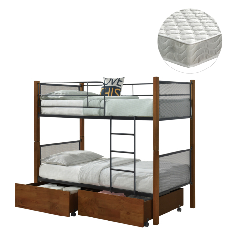 Seturi paturi cu saltele - BUNK BED WITH FLOOR DRAWERS and MATTRESSES RAYVEN HM21336 WOOD IN WALNUT-METAL--FOR 90X190cm.