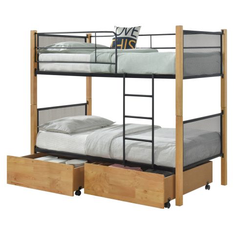Paturi suprapuse - BUNK BED WITH FLOOR DRAWERS RAYVEN HM21119.02 WOOD IN BEECH COLOR-METAL--FOR MATTRESS 90x190cm.
