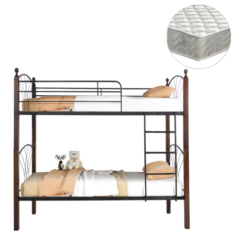 Seturi paturi cu saltele - BUNK BED WITH MATTRESSES STOREY HM21334 METAL and RUBBERWOOD IN WALNUT--FOR MATTRESSES 90x190cm.