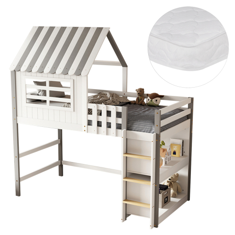 Seturi paturi cu saltele - BUNK BED WITH SIDE SHELVES HOMI HM21321 PINE WOOD IN WHITE--FOR MATTRESS 90x190cm.
