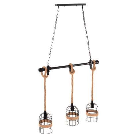 Iluminat - CEILING PENDANT 3-LIGHT LUMINAIRE HM4180 BLACK METAL-NATURAL HEMP ROPE 80x14,5x137Hcm.