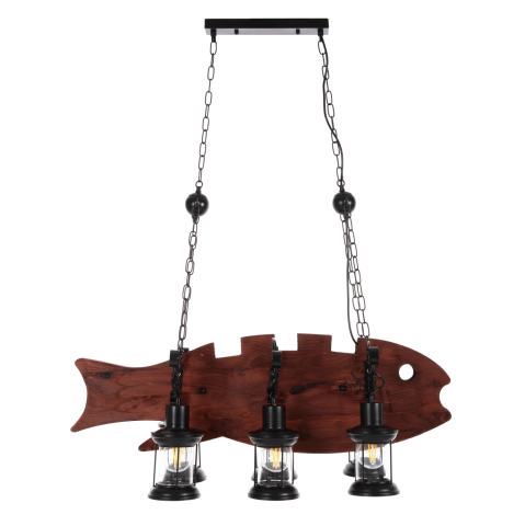 Iluminat - CEILING PENDANT 6-LIGHT HM4118 WOODEN FISH-BLACK METAL-GLASS 95x35x116H cm.