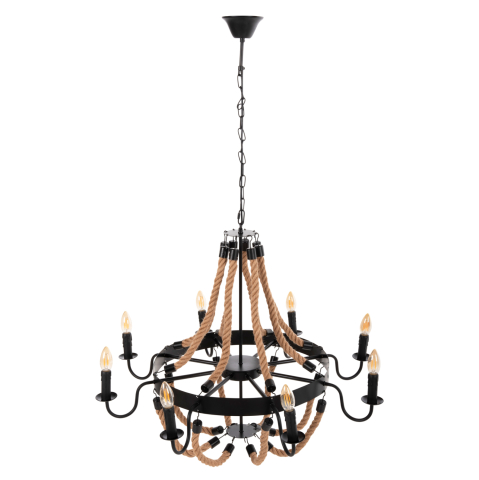 Iluminat - CEILING PENDANT 8-LIGHT HM4178 ROPE AND BLACK METAL 84x84x121Hcm.
