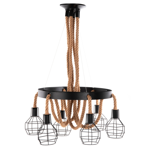 Iluminat - CEILING PENDANT LAMP HM4130 6-LIGHT BLACK METAL-ROPE Φ54-60x125Hcm.