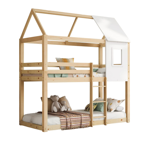 Paturi suprapuse - CHILDREN'S BUNKBED t.MONTESSORI HOOD HM705.01 PINE WOOD IN NATURAL-MATTRESSES 190x90cm.
