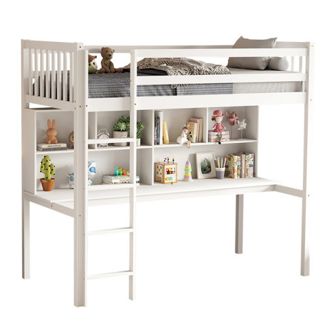 Paturi suprapuse - CHILDREN'S BUNKBED t.MONTESSORI WITH DESK and BOOKCASE LIBRO HM708.03 PINE WOOD IN WHITE- 90x190cm.