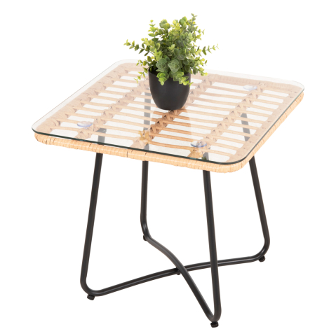 Mese - COFFEE TABLE GERRY HM5717.11 P.E.RATTAN IN BEIGE-BLACK METAL FRAME 50x50x47,5Hcm.