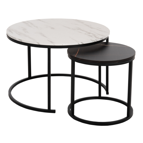 Masute de cafea - COFFEE TABLE HM8763.14 2PCS SET MDF IN MARBLE LOOK MIX COLOR WITH BLACK LEGS Φ80-Φ48cm
