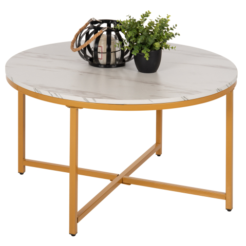Masute de cafea - COFFEE TABLE HM9420.01 MELAMINE WHITE MARBLE-GOLD METAL LEGS Φ80x48,5Hcm.