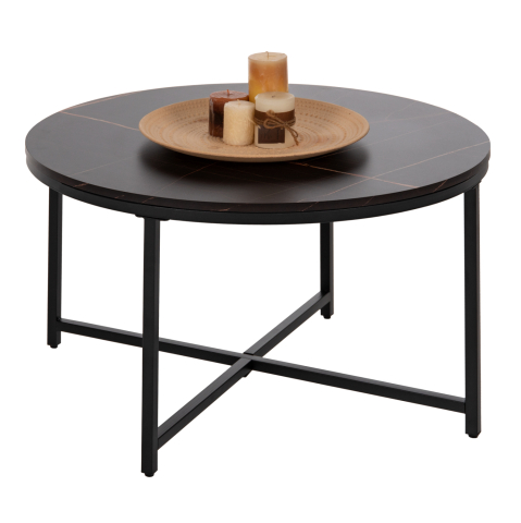 Masute de cafea - COFFEE TABLE HM9420.03 MELAMINE BLACK MARBLE-BLACK METAL LEGS Φ80x48,5Hcm.