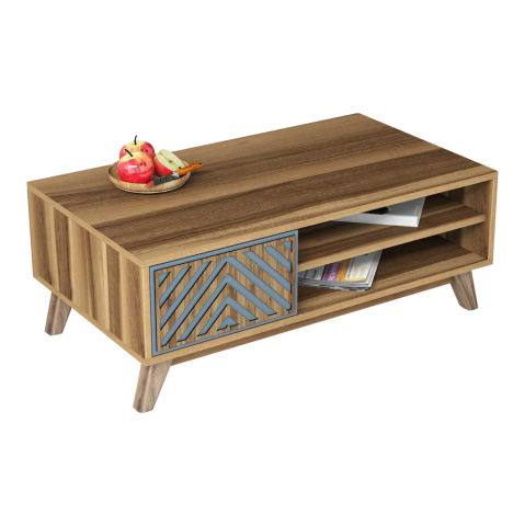 Masute de cafea - COFFEE TABLE HM9502.02 MELAMINE WITH CABINET WALNUT and BLUE 105x60x38.2Hcm.