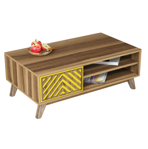 Masute de cafea - COFFEE TABLE HM9502.04 MELAMINE WITH CABINET WALNUT and YELLOW 105x60x38.2Hcm.
