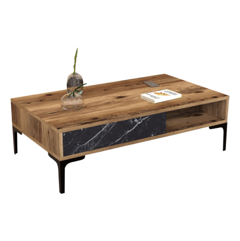 Masute de cafea - COFFEE TABLE HM9503.04 MELAMINE WALNUT-BLACK MARBLE LOOK and METAL LEGS 105x60x32.6Hcm.