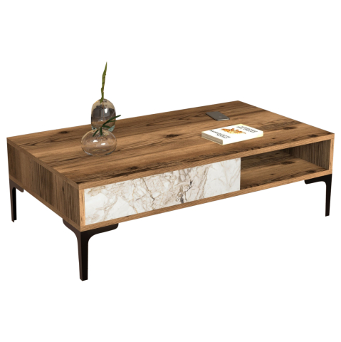 Masute de cafea - COFFEE TABLE HM9503.05 MELAMINE WALNUT-WHITE MARBLE LOOK and METAL LEGS 105x60x32.6Hcm.