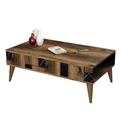 Masute de cafea - COFFEE TABLE HM9504.02 MELAMINE IN WALNUT-BLACK MARBLE LOOK 105x60x37.6Hcm.
