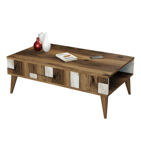 Masute de cafea - COFFEE TABLE HM9504.03 MELAMINE IN WALNUT-WHITE MARBLE LOOK 105x60x37.6Hcm.