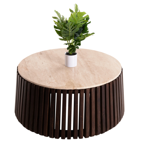 Masute de cafea - COFFEE TABLE KREST HM9711 ACACIA WOOD IN LIGHT BROWN-WHITE TRAVERTINE Φ90x40Hcm.