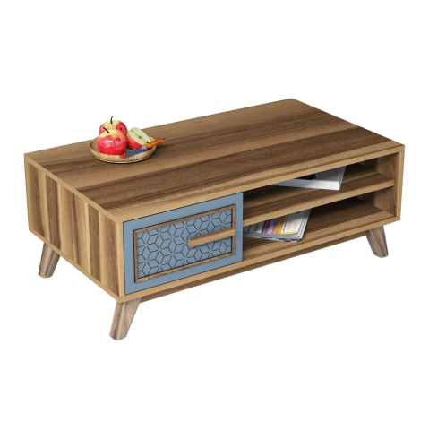 Interior - COFFEE TABLE MELAMINE IN WALNUT COLOR WITH BLUE CABINET DOOR HM9497.02 105x60x38,2Hcm.